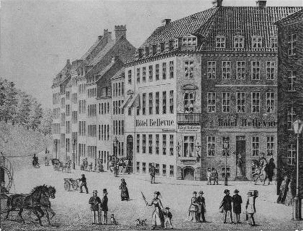Motiv: Fotografi af en tegning fra 1878 der viser hjørnet Vestervold - Vestergade kort tid før voldene blev fjernet